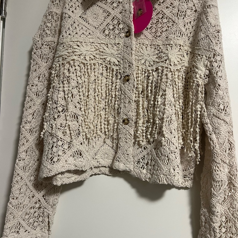 Cream Crochet Fringe Cardigan